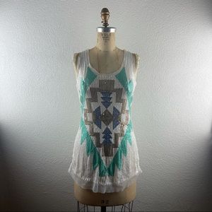 Verty l M Geometric Southwest Bohemian Sequin Semi-Sheer Mesh Racerback Tank Top